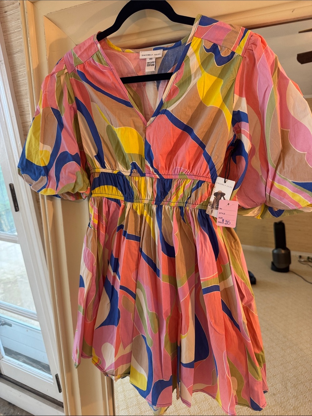 Sincerely Jules Pink Multicolor Abstract V-Neck Mini Dress